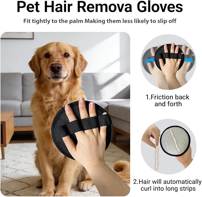 2Pack Pet Hair Removal Glove for Cats and Dogs, Four-Finger Circular Design with Soft Lining and Hanging Loop, Reusable Pet Grooming Gloves for Clothing, Carpet, Car Seats (Black)