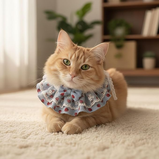 Cat Bib Collar, Cat Lace Bib with Bow Strawberry Print, Cute Kitten Scarf, Adjustable Lace Tie Puppy Bandana, Pet Costume Dress Up Accessories (M)