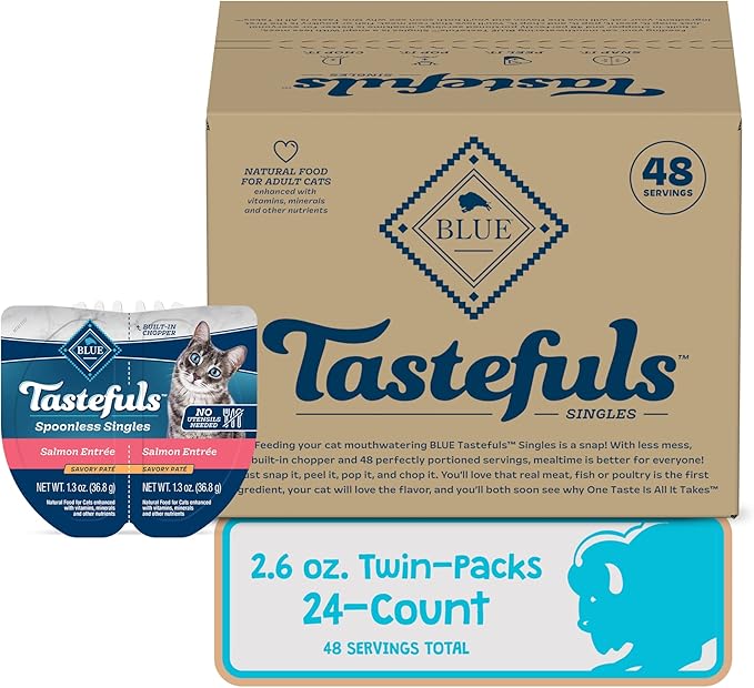 Blue Buffalo Tastefuls Spoonless Singles Natural Wet Cat Food Paté, 2.6-oz Twin-Pack Trays, Salmon Entreé (24 Count)