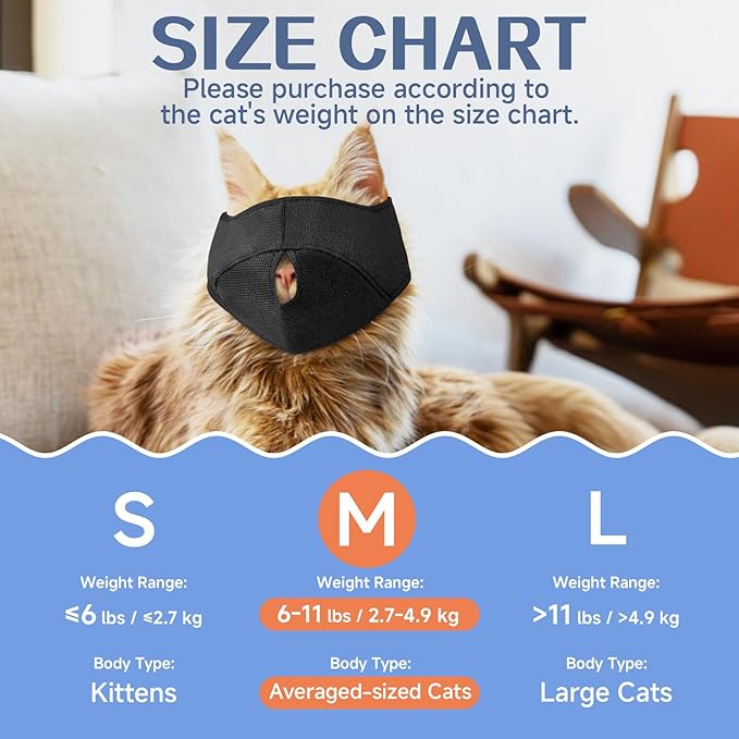 BARKLESS Cat Calming Muzzle for Grooming & Nail Trimming, Oxford Muzzle with Shading Design to Help Calm the Cat Down, Soft Head Cover to Prevent Biting & Scratching (Black, M)
