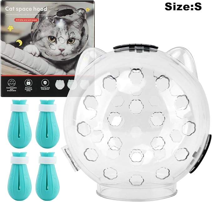 Cat Muzzle for Grooming, Transparent Cat Helmet with 4 Silicone Claw Covers, Adjustable Breathable Kitty Hood Anti Bite Bubble Astronaut Groomin Mask for Pet Bath Nail Trimming,S