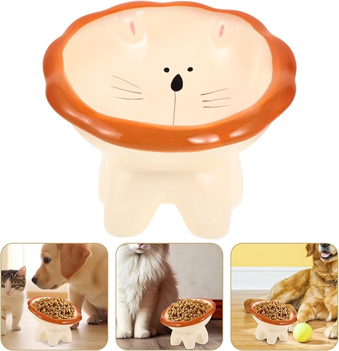 Luxshiny Ceramic Elevated Cat Food Bowl with Tilted Design Large Wide Mouth Cartoon Lion Pattern Raised Pet Bowl for Indoor Feeding and Watering