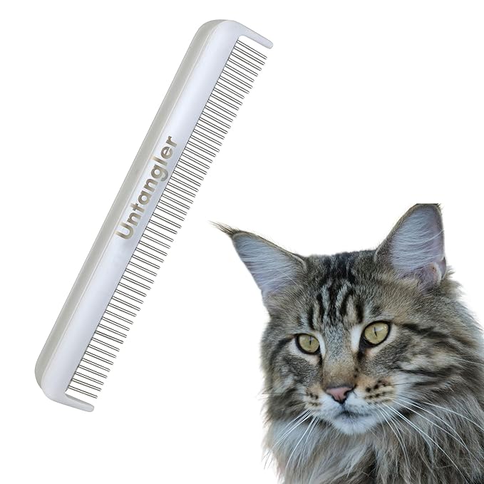Cat Comb - 7" Dual-Spaced with Silky Smooth Rotating Teeth (White Sheen), Stainless Steel, for Cat Hair and Fur