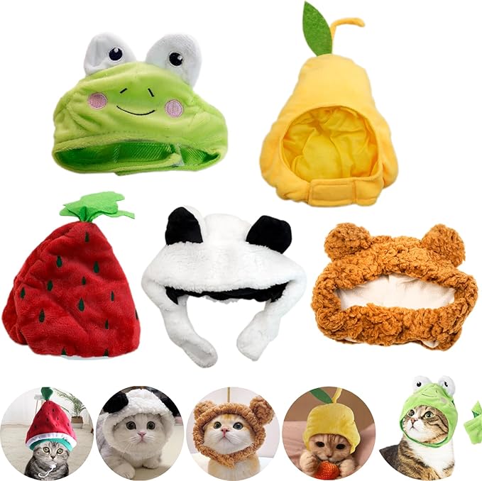 5 Pieces Cat Hat Adorable Cat Costume Outfit Bunny Hat with Ears Funny Mane Hat for Cats and Small Dogs Party Costume Accessory Headwear (Brown Bear-White Bear-Frog-Pear-Watermelon)-Not for Children