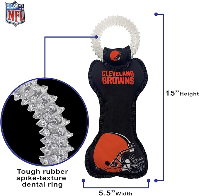 Pets First NFL Cleveland Browns Football Dental Tough Dog TUG Bone Toy with Built-in Squeaker Attached to a Safe Rubber Teething Toothbrush PET Toy, Team Color, 14 x 5 (CLE-3310)