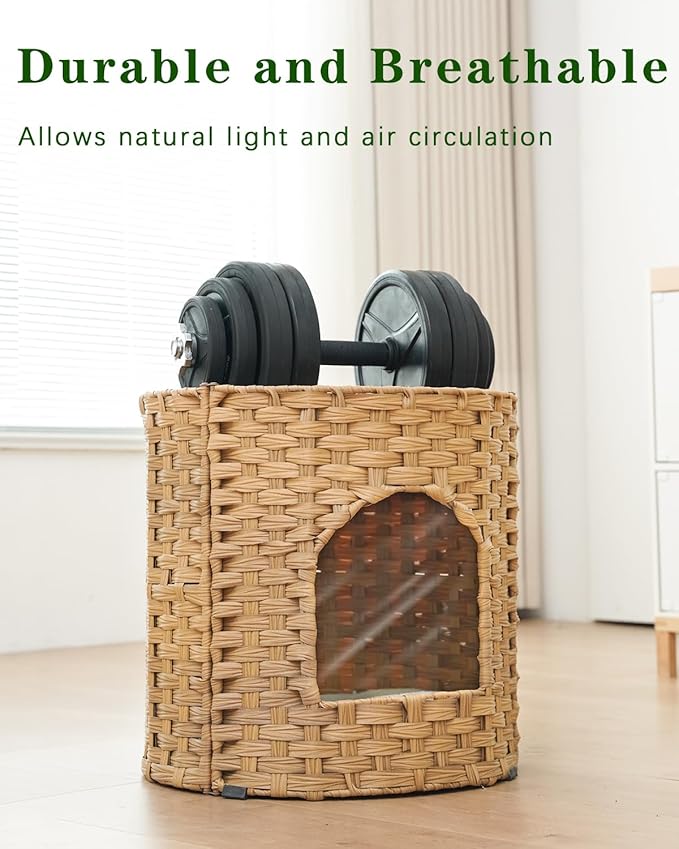 SETVSON Cat House for Indoor Cat, Large Double Cat Houses Cat Bed Cave, Handwoven Rattan Pet Beds with One Soft Pad, 17 x 17 x 17 Inches Foldable Kitten Hideaway in Living Room Natural