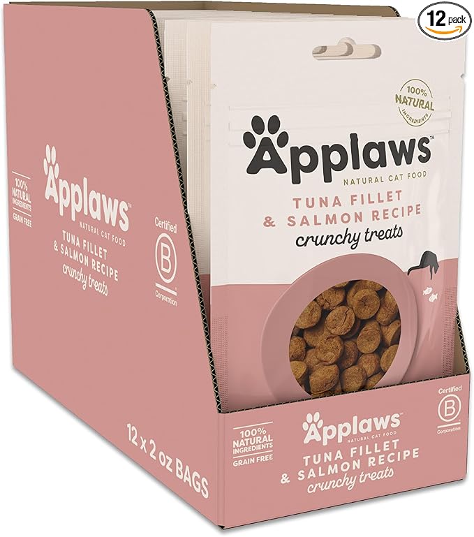 Applaws Natural Cat Treats, Grain-Free, High Protein, Limited Ingredients, No Artificial Additives, Healthy & Nutritious Snack for Cats, Crunchy Tuna Fillet & Salmon Treats (12 x 2.0oz Bags)