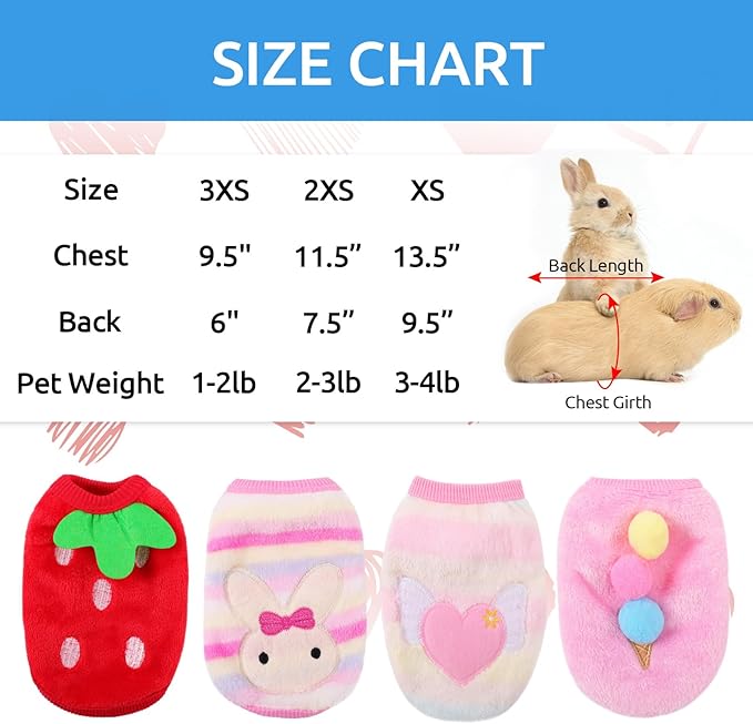 4 Pack Guinea Pig Clothes Rabbit Warm Vest Flannel Fleece Pet Costume T-Shirt for Small Animal Kitten Ferret Chihuahua Puppy (Pink, X-Small)