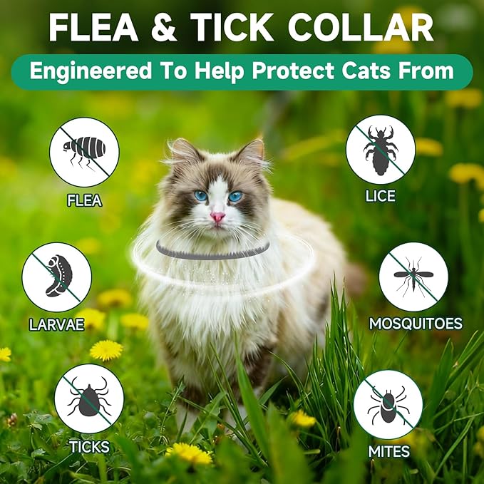 4 Pack Cat Flea Collars, Cat Flea and Tick Treatment, 32 Months Protection Flea and Tick Prevention for Cats, Waterproof Flea Collar for Cats, One Size Fits All for All Breeds, Grey