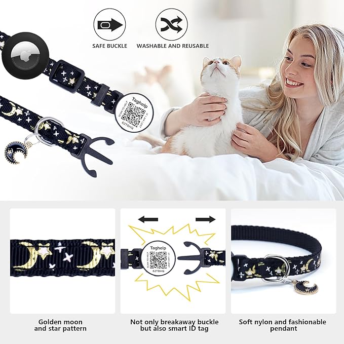 2PCS Breakaway Cat Collars AirTag Holder with Bell Cute Star &Moon Safe Kitten Collars with Pendant Glow in The Dark,Cat Collar with Smart ID tag & QR Code Reflective for GPS Boy Girl Cats (Pink)