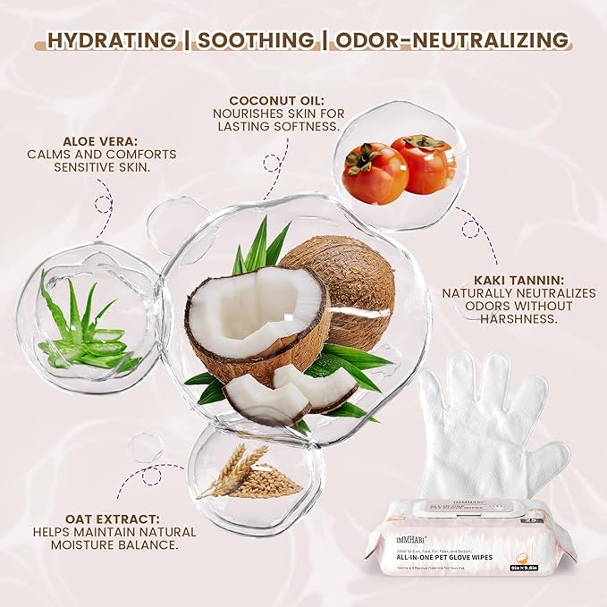 IMMHABI 50 Pcs Cleaning Deodorizing Pet Glove Wipes for Dogs & Cats, Hypoallergenic Dog Bath Wipes with Natural Deodorizer Persimmon Tannin, Pet Bathing Wipes for Horse Coat Care Coconut Scent