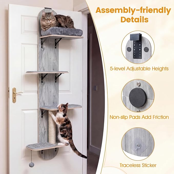 PETSITE Door Mounted Cat Tree, 58.5-61.5 Inches Height Adjustable Hanging Cat Climber with Scratching Post, Detachable Scratching Mats, and Comfy Plush Cat Bed (Grey)