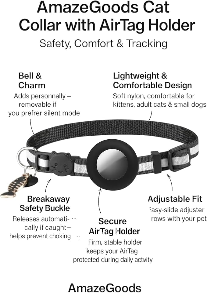 AirTag Cat Collar Breakaway with Apple Air Tag Holder & Bell - Reflective Adjustable Kitten Collar, Lightweight Nylon Safety Release Buckle for Boy Girl Cats, Indoor Outdoor (Fits 8-11 in)
