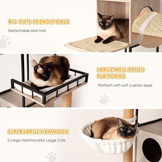 Modern Cat Tree Condo Tower Cat House Washroom Furniture Litter Box Enclosure with Scratching Posts, Hammocks, Removable Washable Cushion & Toy Hanger, White+Gray(25.60" Lx25.60 Wx63.00 H)