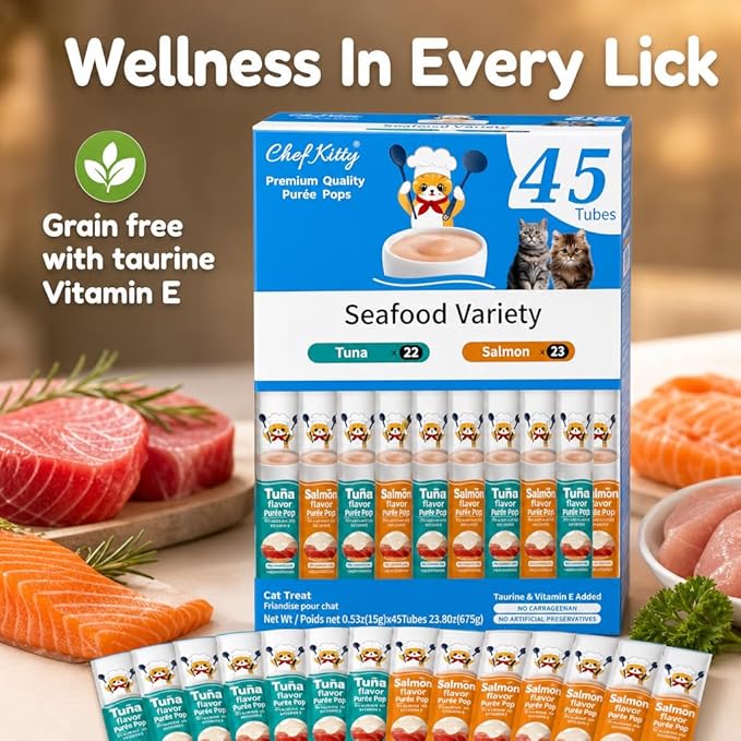 Cat Treats Lickable | Grain-Free Tuna & Salmon Cat Treats | Creamy Puree Squeeze Ups with Vitamin E & Taurine, Digestible Formula | 0.5 oz. Each Tube, Seafood Mix Variety | 45 Tubes