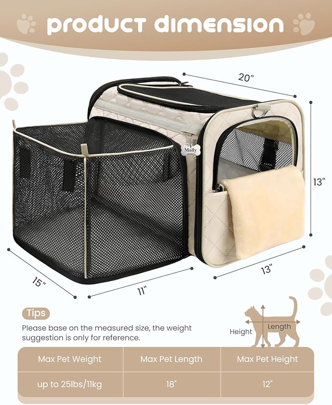MIDOG Cat Carrier Soft for Small to Medium-Sized Cats,Up to 25 Lbs, Large Soft Sided Pet Carrier,Collapsible Travel Cat Carriy Bag(Beige,20 inch x 13 inch x 13 inch)