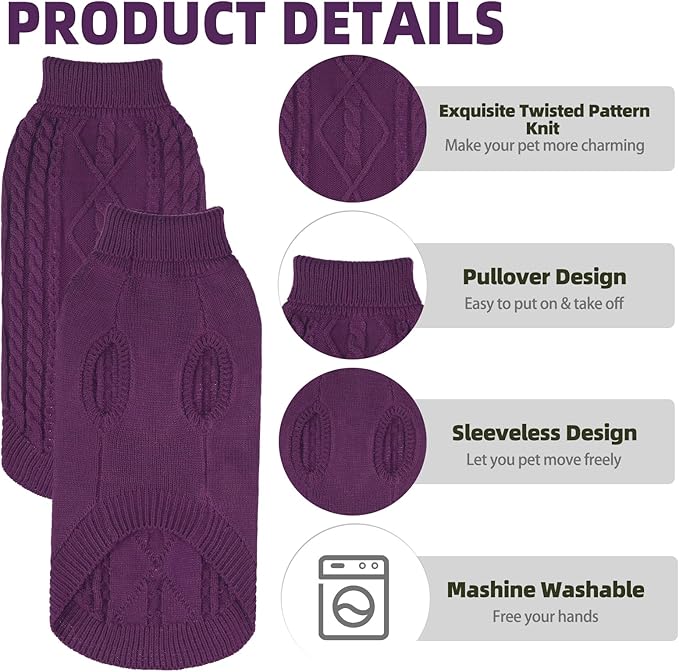 PUPTECK Winter Cat Sweater Coat - Soft Warm Cold Weather Clothes Knitwear for Kittens & Small Dogs Indoor Outdoor Wearing, Knitted Classic for Doggies Kitties Girls Boys, Purple, M