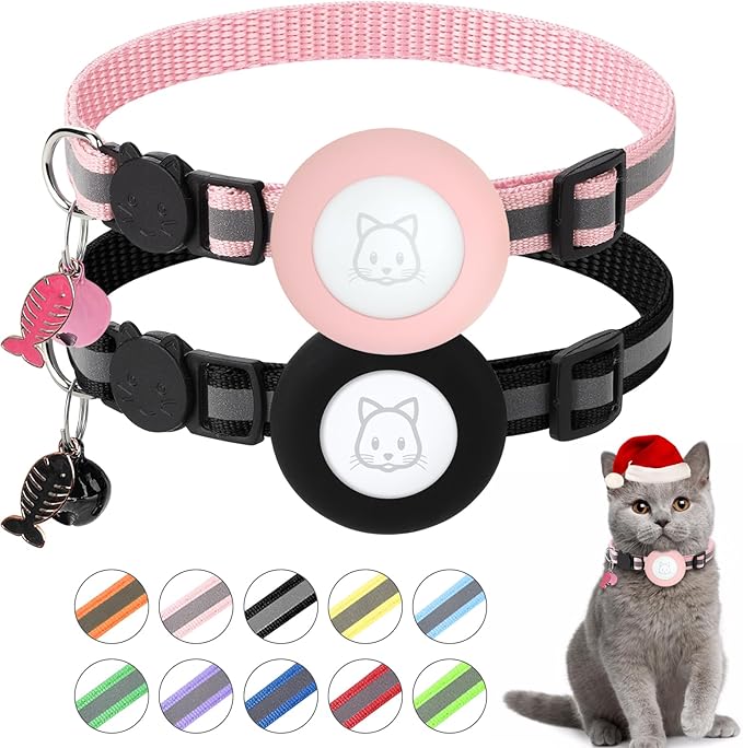 Airtag Cat Collar, Air tag Cat Collar with Bell and Safety Buckle in 3/8" Width, Reflective Collar with Waterproof Airtag Holder Compatible with Apple Airtag for Cat Dog Kitten Puppy (Black+Pink)
