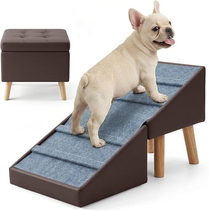 Dog Ramp & Stair for Couch Sofa Bed, 18.5" Extra Wide 15.7" H Foldable Ottoman & Hidden Storage 3-in-1 Design, Safer Non-Slip Leather Pet Steps for Puppy Senior Injured Dogs (Brown)