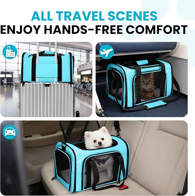 Soft-Sided Cat Carrier Expandable Pet Carrier Airline Approved Mesh Travel Carrier Up to 15lbs for Cats Small Dogs Collapsible Escape-Proof with Shoulder Strap (18x11x11 Blue)
