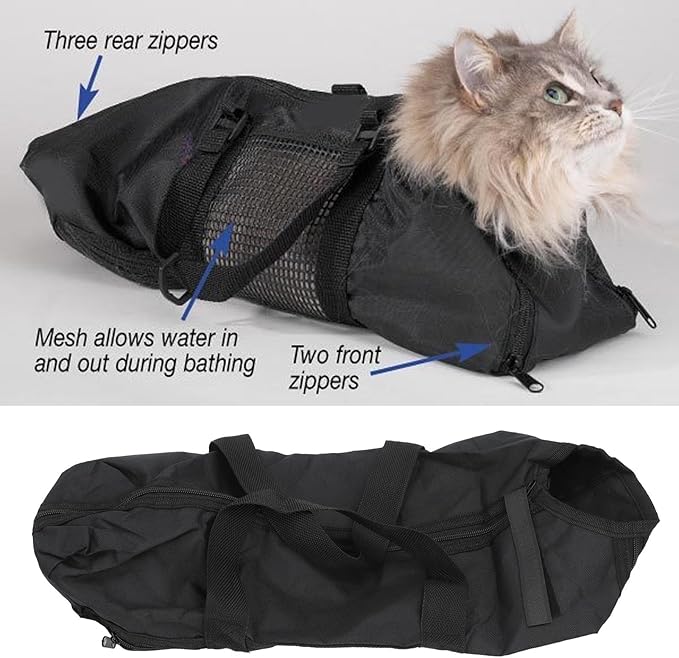 Fockety Cat Grooming Bag, Oxford Cloth Pet Bathing Restraint Bag with Front & Rear Zippers, Handles & Hanging Hook, 46x24cm Cat Restraint Bag for Bathing, Nail Trimming, Injections