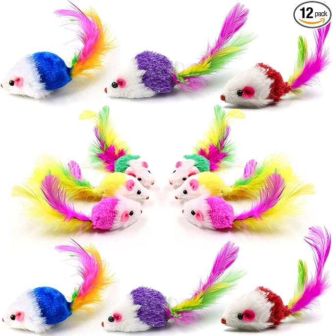 VOVIGGOL Cat Mice Toys for Indoor Cats 12PCS, 5 Color Variety Mouse Cat Toy for Cats, Furry Cat Toy Mice Rattle Small Mouse Kitten Interactive Play
