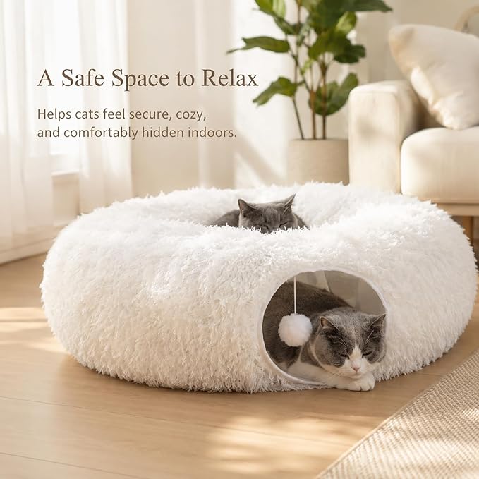 Feather Fluffy Plush Cat Tunnel Bed Big Tube Playground Toys 3 FT Diameter Longer Collapsible, for Indoor Cat Kitty Kitten Puppy Rabbit Ferret Snow White