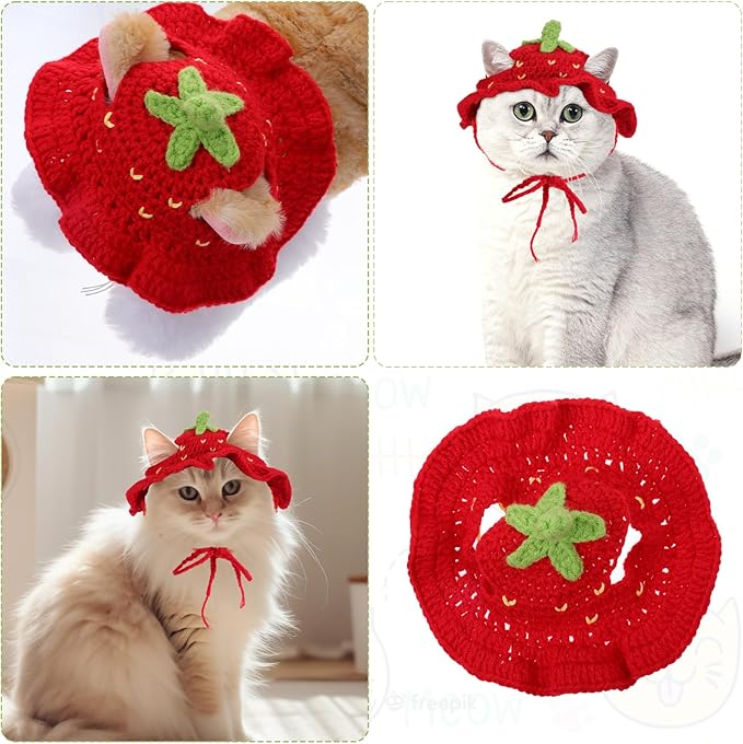 Thinp Strawberry Cat Hat, Cotton & Soft Cute Knitted Hats for Cats Crochet Cat Hat Birthday Party Halloween Holiday Christmas Knit Puppy Hats for Small Pets (Red, S)