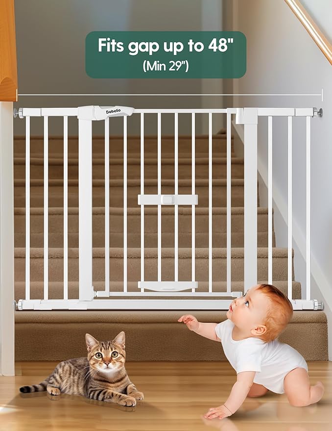 Babelio 29-48" Extra Wide Baby Gate with Cat Door, Auto Close Metal Pet Door for Stairs, Doorways, House, Pressure/Hardware Mounted, Easy Walk Thru, White