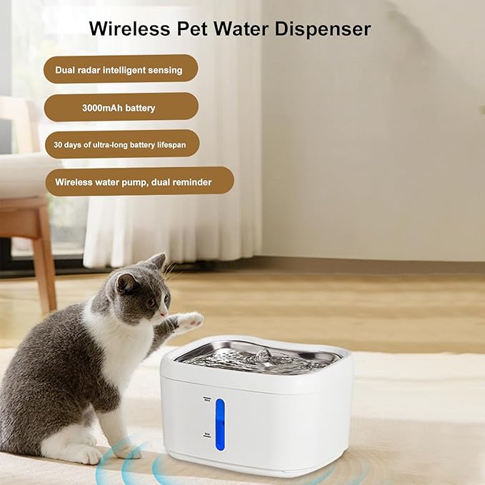 Brrnoo Cat Water Fountain Stainless Steel - 87oz/2.5L Pet Drinking Fountain for Cats Indoor - Automatic Cat Watering Dispenser Bowl with Water Level Window - Quiet for Cats & Dogs (B)