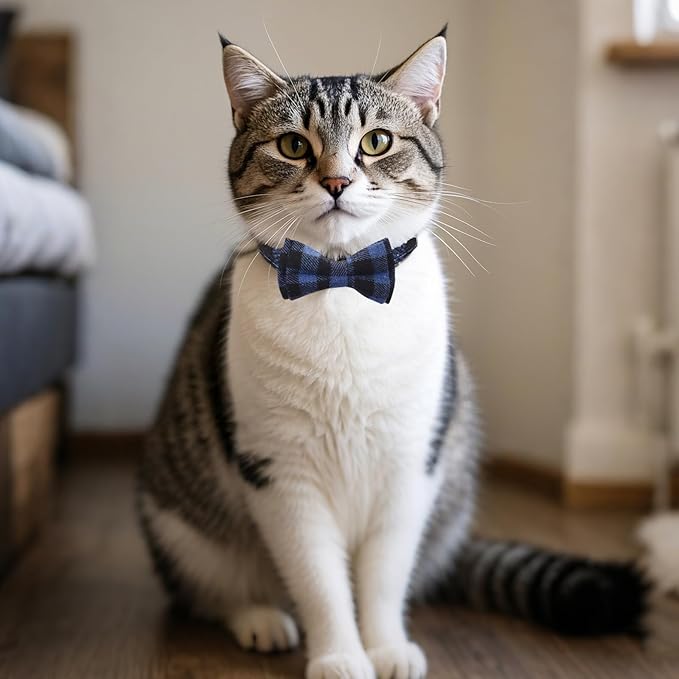 BRT Bearingshui Cat Collars Breakaway with Bow Bell, 8 Pack Kitten Collar Plaid Cat Collar, Adjustable Cute Plaid Safety Kitty Collars for Birthday Pet Party Supplies
