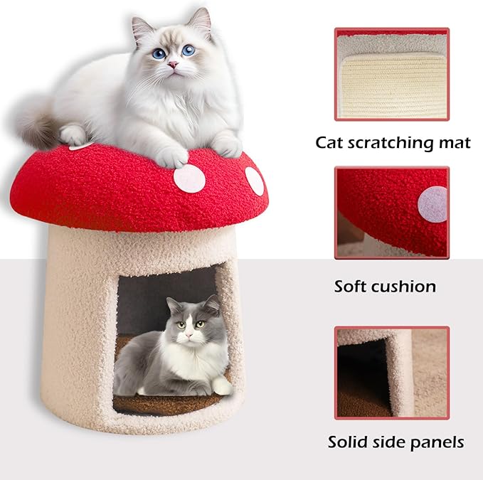 Mushroom Cow Cat Bed House for Indoor Cats & Small Dogs - Soft Cave-Style Pet Nest with Removable Washable Cushion, Plush Semi-Enclosed Cat Cave Tent, (red and White, Sturdy)