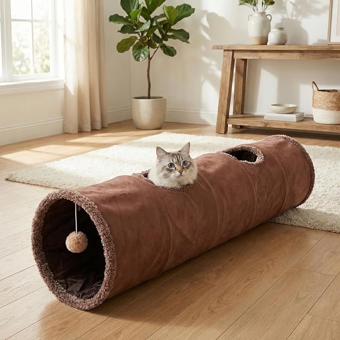 ZENFUN 51"x 12" Collasiple Cat Play Tunnel, Cats Tubes and Tunnels, Cat Foldable Hide and Seek Tunnel Toy, Brown Suede Pet Tube Toy for Rabbits, Ferrets, Puppy, Diameter 12 Inch