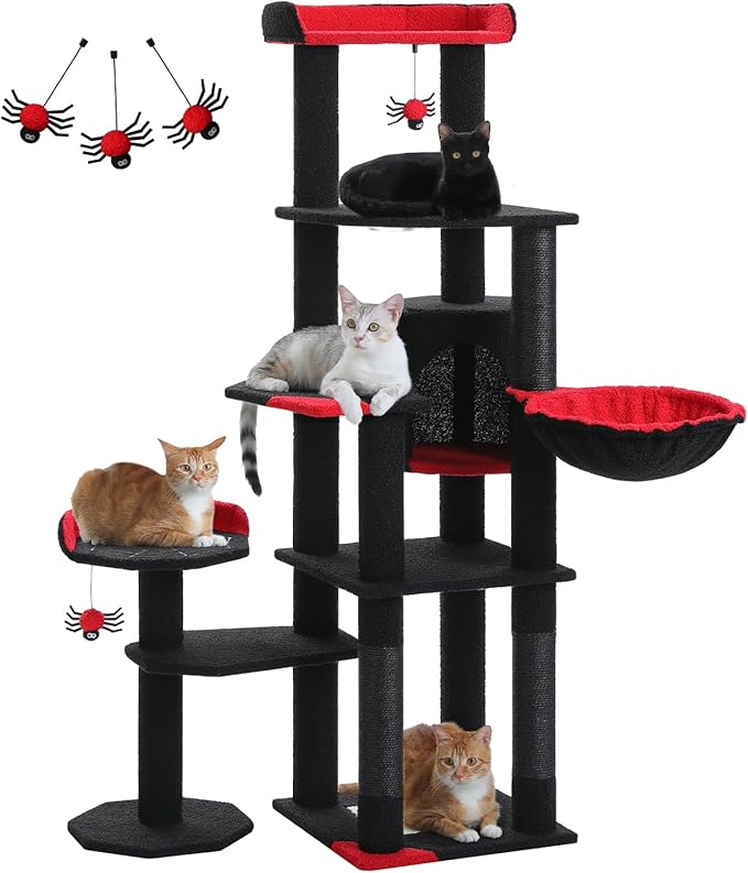 MUTTROS 59" Gothic Cat Tree with Coffin Bed-Black Cat Tower for Indoor Cats with Spacious Cat Condo & Cozy Hammock, Spider Hanging Balls, Sisal Scratching Post and 2 Spooky Perches for Halloween