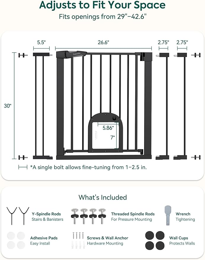 Babelio Upgraded Baby Gate with Cat Door, 29-43" Auto Close Durable Dog Gate for Stairs, Doorways and House, Easy Walk Thru Safety Gate with Pet Door Includes 4 Wall Cups, Black