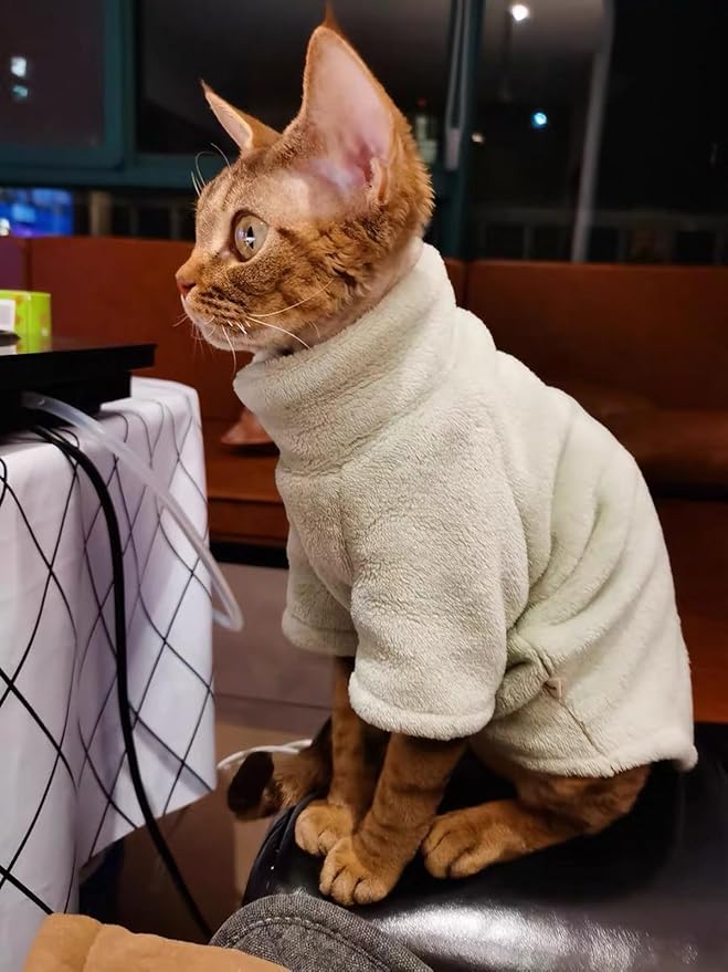 Sphynx Cat Clothes Winter Turtleneck Soft Coral Fleece Cat Clothes Thicken Warm Pajamas Coat for Hairless Cats and Small Cat Apparel with Sleeves (Forest Green, XXL（12.7-16lbs）)