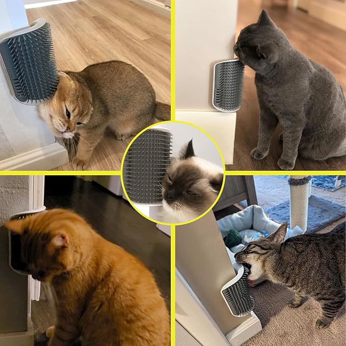 Cat Self Groomer – Wall Corner Grooming Brushes for Cats and Small Pets – Soft Massage Brush for Shedding Control and Face Rubbing (Grey)