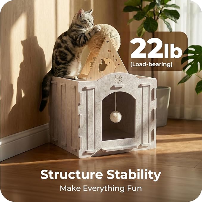 Cat Bed Cave for Indoor Cats: New Felt Cat Bed with Fluffy Ball, Foldable Cat House with Scratch-Resistant Board, Hideaway Cat Cave for Timid Cats, Sturdy Two-Tier Cat Condo & Cat Houses