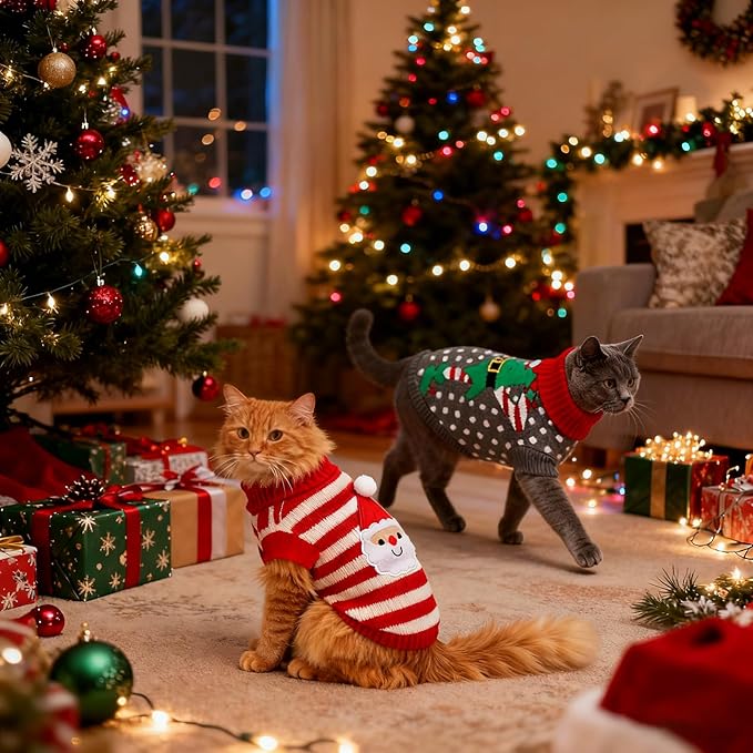 BWOGUE 2 Packs Cat Christmas Sweater Dog Sweaters Pet Cat Winter Knitwear Warm Clothes Pet Santa Claus and Clown Merry Christmas Pets Sweaters for Kittys and Small Dogs