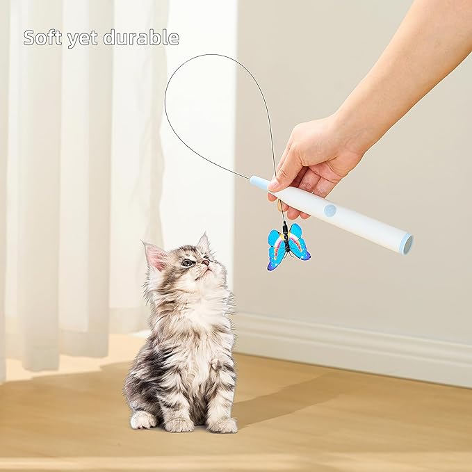 Electric Butterfly Cat Wand for Indoor Cats, 360 Spinning Self-Play with 2 Modes & Tap-to-Awake, Rechargeable Cleanable Suction Base, 3 Butterfly Refills, Interactive Cat Toy