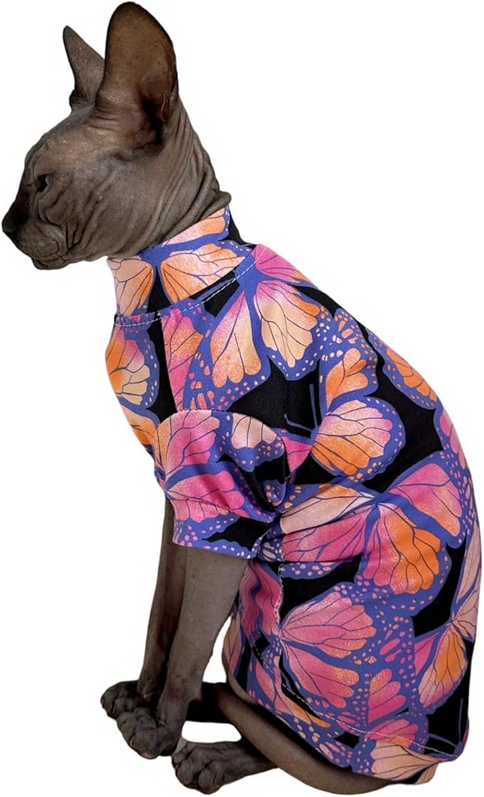 Limited Edition Sphynx Cat T-Shirts Elastic Hairless Cat Sweatshirt Pet Kitten Clothes Round Collar Kitten Shirts Vest Cats & Small Dogs Apparel (Butterfly, S (3.3-4.4 lbs))