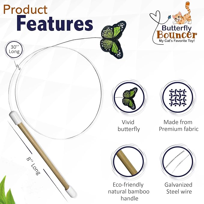 Butterfly Bouncer - Butterfly on Wire Bounces to Mimic a Real Butterfly's Flight - Interactive Cat Toy - Cats/Kittens Play Catch Chase Exercise-Comfortable Bamboo Handle-Stocking Stuffer-Made in USA