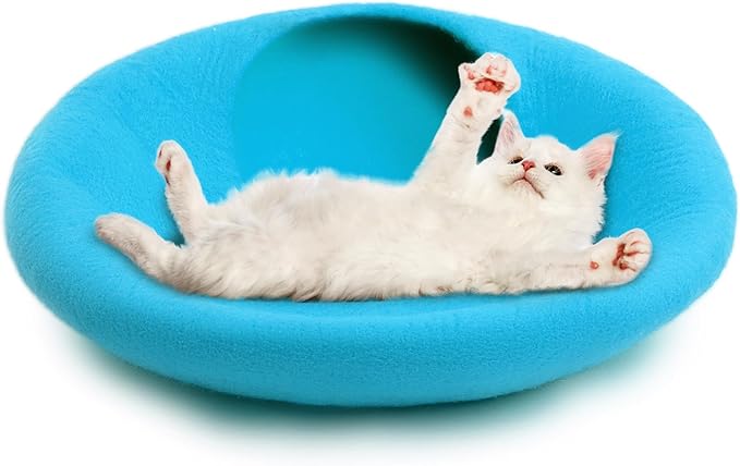 Woolygon Premium Felt Cat Cave Bed – Wool Kitty Beds Handcrafted Kitten Caves Bed for Indoor Cats - Made from Merino Wool, Foldable Cat Hideaway Covered Cat House Pod (Blue Plain)