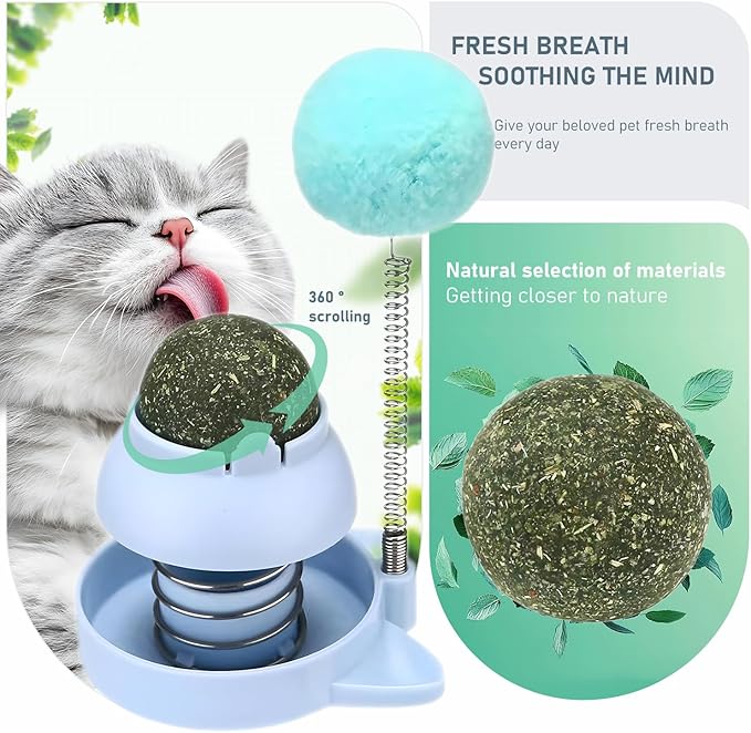 Blue Cat Nip Ball with Spring Ball, Catnip Balls Wall Snack Teeth Washing Healthy Rotatable Treats Toys, Kitten Playing Toy for Indoor, Cats Soothing Catnip