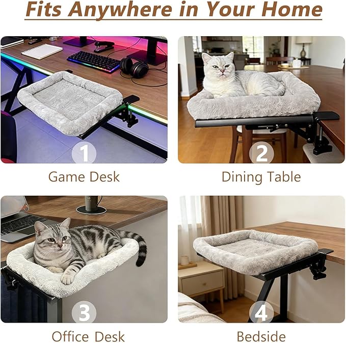 Cat Desk Bed for Home Office Worker Faux Rabbit Cushion Desk-Mounted Hammock Perch Foldable Desktop Space-Saving Clamp Mount Supports Indoor Cats Durable Removable Cover - Gray 21x17in