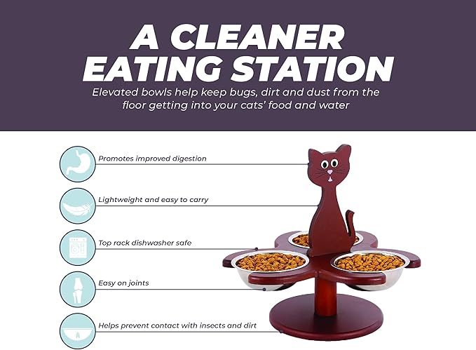 Etna Pet Store Elevated Cat Bowls - Wooden, Raised Pet Feeder Promotes Better Digestion, Easy on Joints - Multiple Feeder with 3 Removable Bowls for Food and Water - Brown