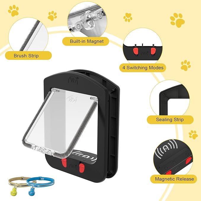 Cat Door for Interior Door and Exterior Door, Pet Door with Collar Sensor and 2pcs of Cat Magnetic Collars, 4 Way Locking Cat Door with Magnetic Flap, Black