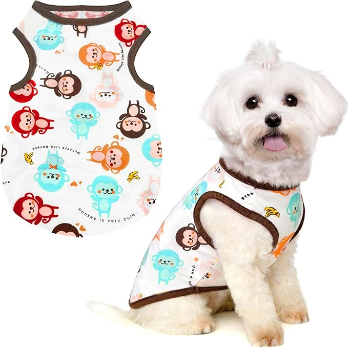 PETCARE Cartoon Dog Shirts for Small Dogs Cute Dog Clothes Brown Monkey Tshirt Soft Cotton Puppy Pajamas Breathable Sleeveless Pet Tank Top Spring Summer Dogs Clothes for Chihuahua Yorkie Shih Tzu