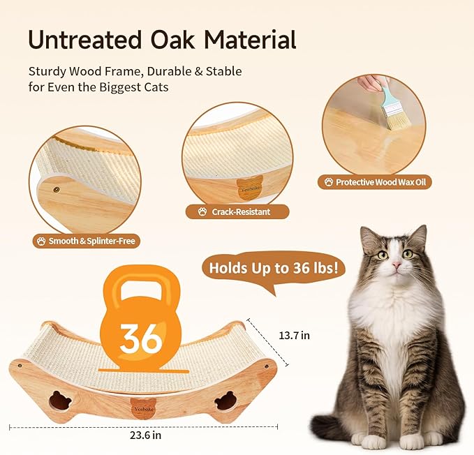 Upgraded Sisal Cat Scratcher Bed, Solid Oak Frame 1.3 cm Thick, 100% Sisal Pad, Curved Scratch Lounger, Stable Base Up to 36 lb, Sofa Protector, Odor-Free, 23.6" x 13.7"