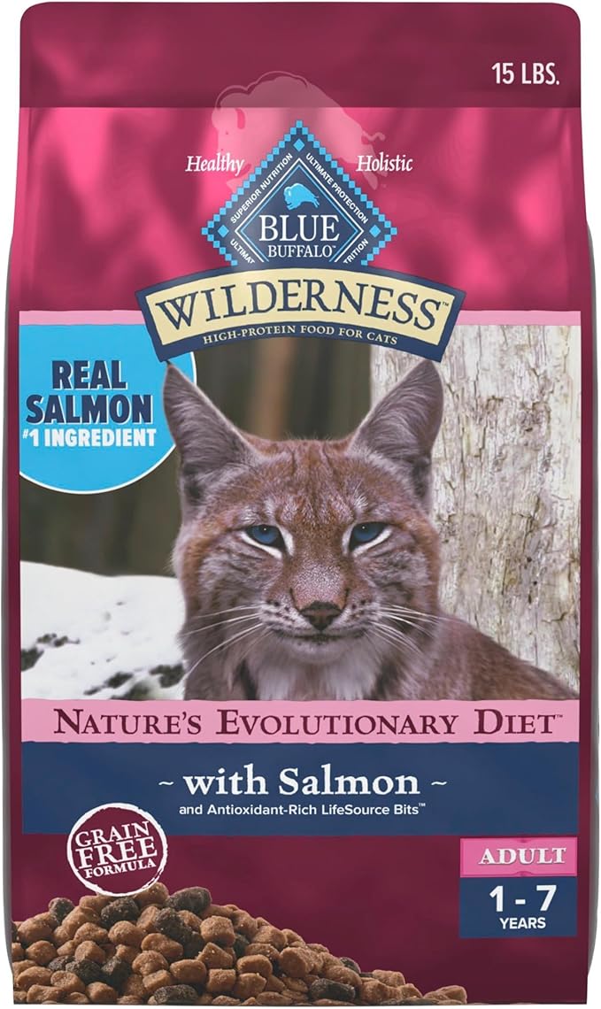 Blue Buffalo Wilderness High Protein Grain Free Dry Food for Adult Cats, 40% Protein, with Salmon, 15 lb. Bag